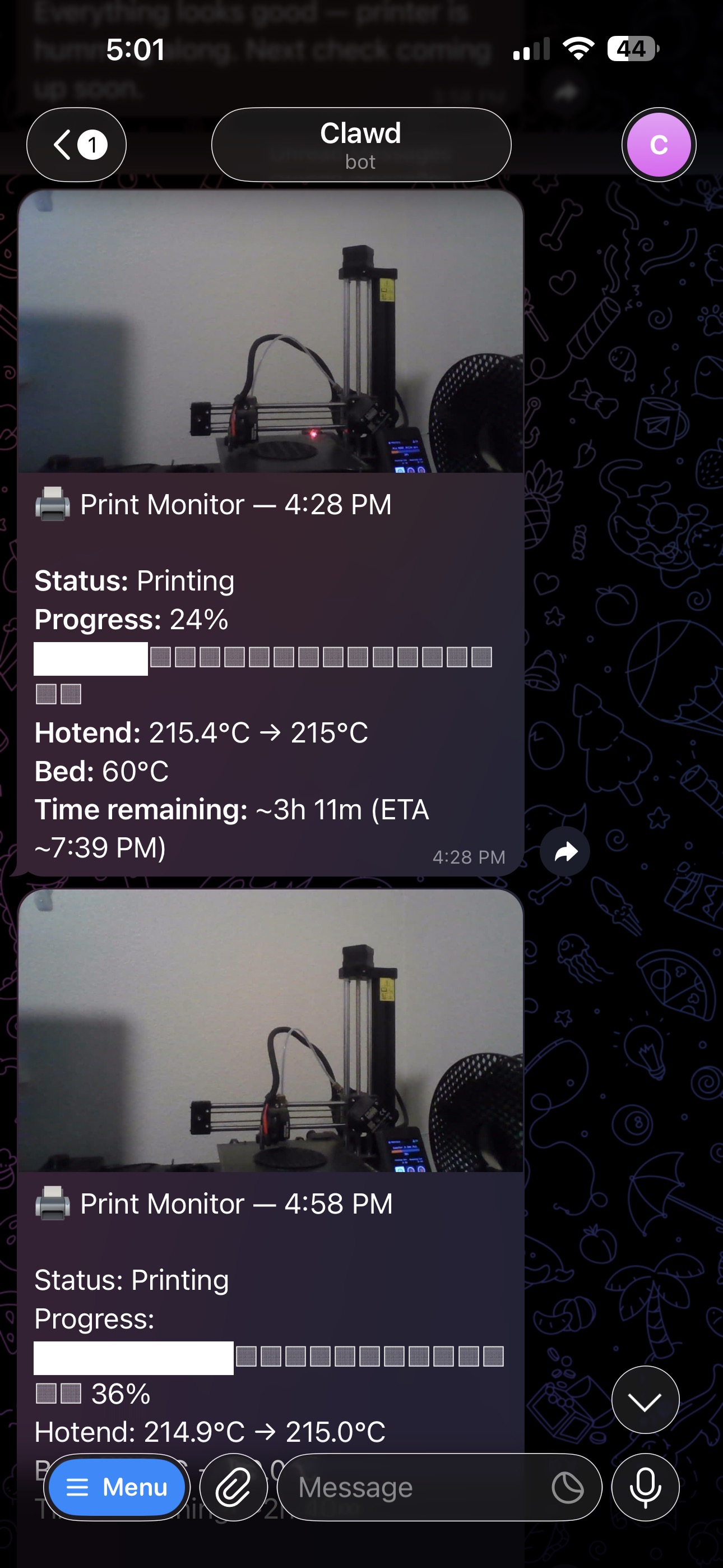 Clawdence agent sending webcam snapshots with live print progress to Dillon